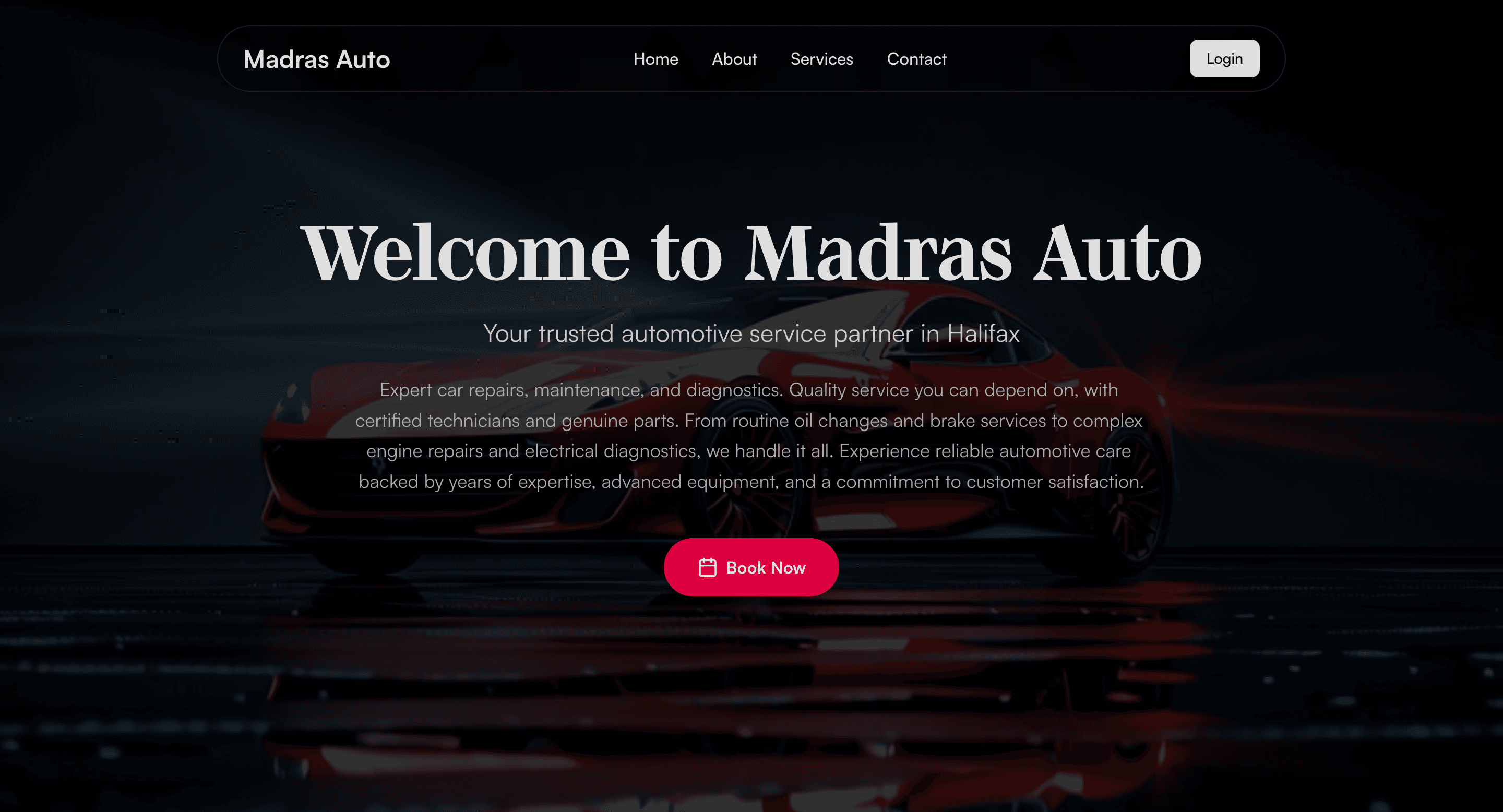 Madras Auto homepage with video hero showing the actual shop
